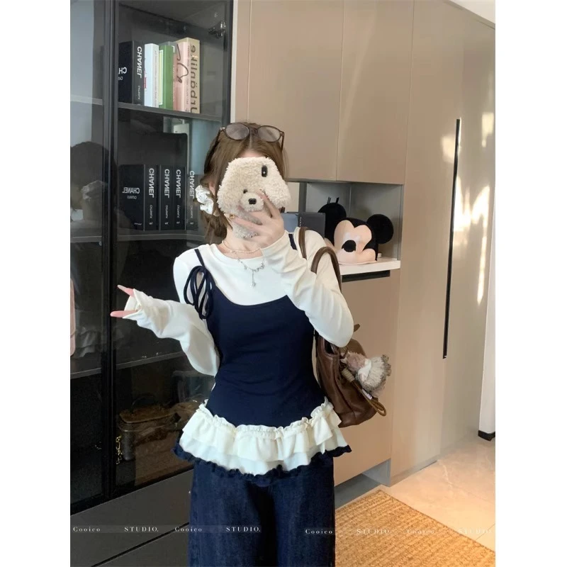 甜美风小众假两件长袖T恤女装春季别致花边收腰显瘦短款打底上衣