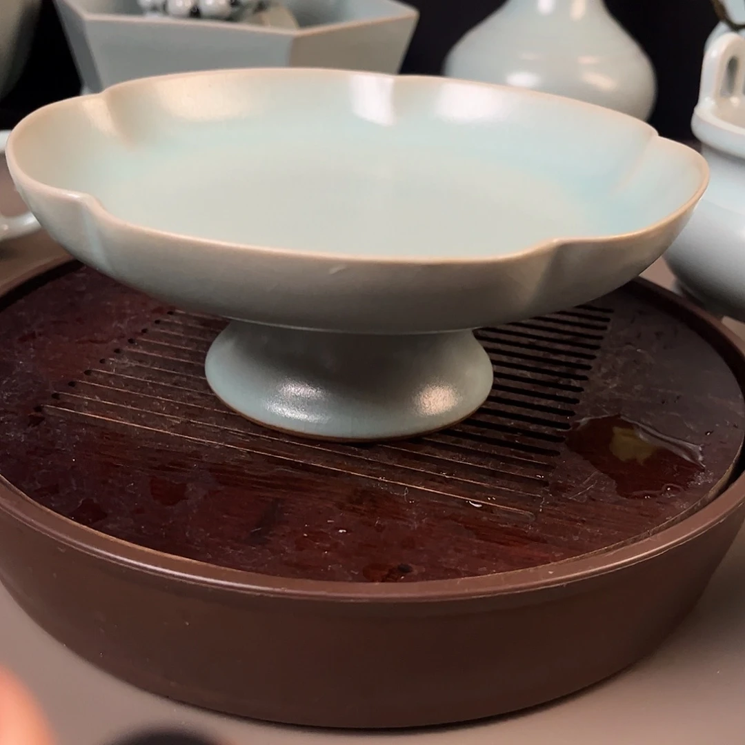 仿古釉水高足果盘