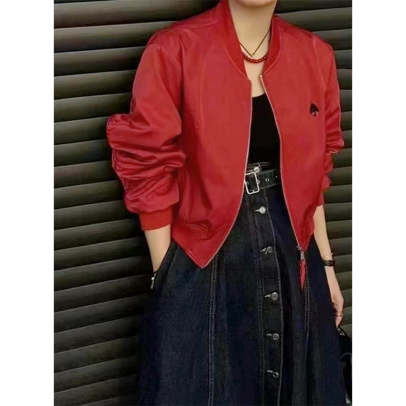 时尚欧洲站红色刺绣褶皱外套152053