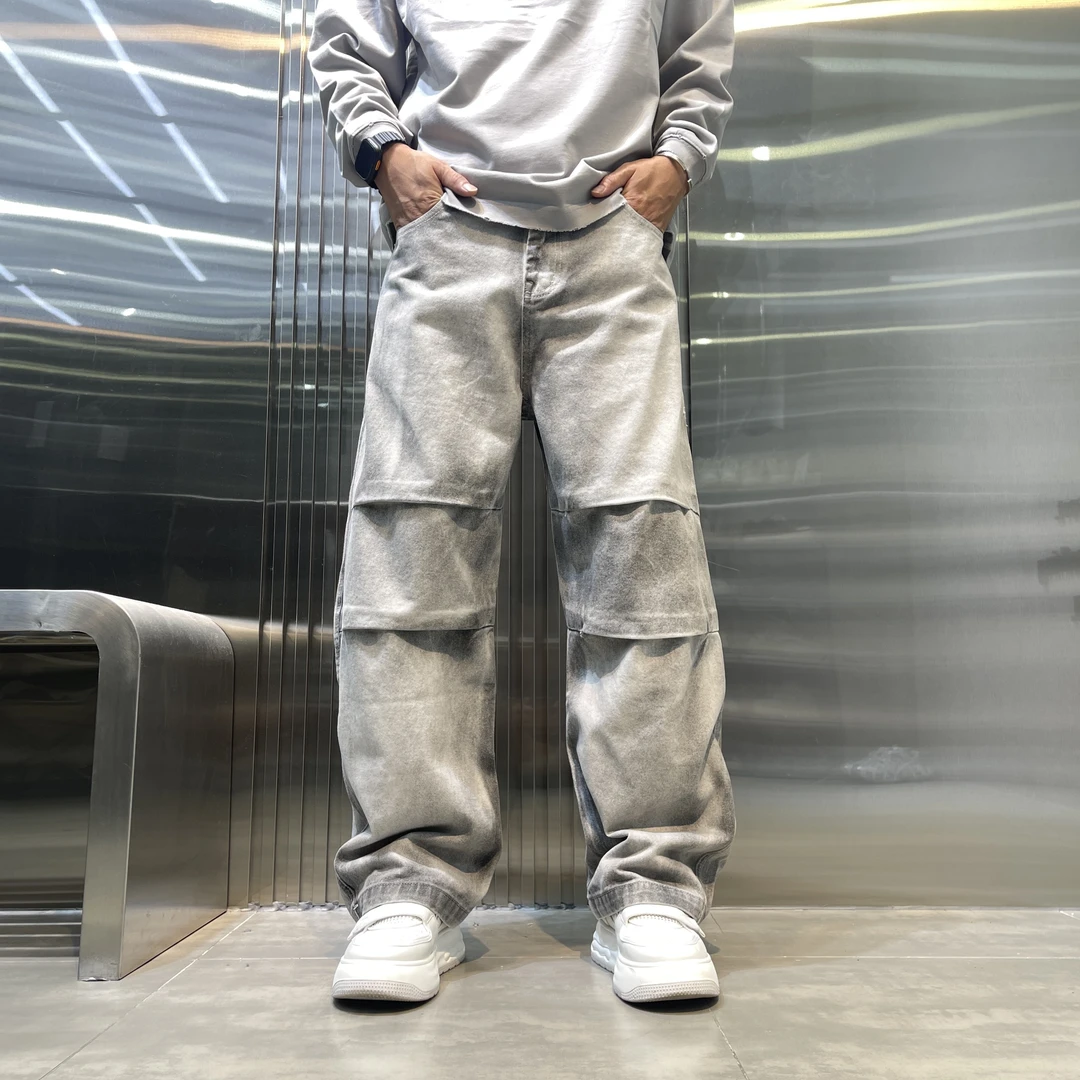 秋季新款美式休闲伞兵裤时尚潮流宽松百搭男士水洗牛仔裤直筒复古