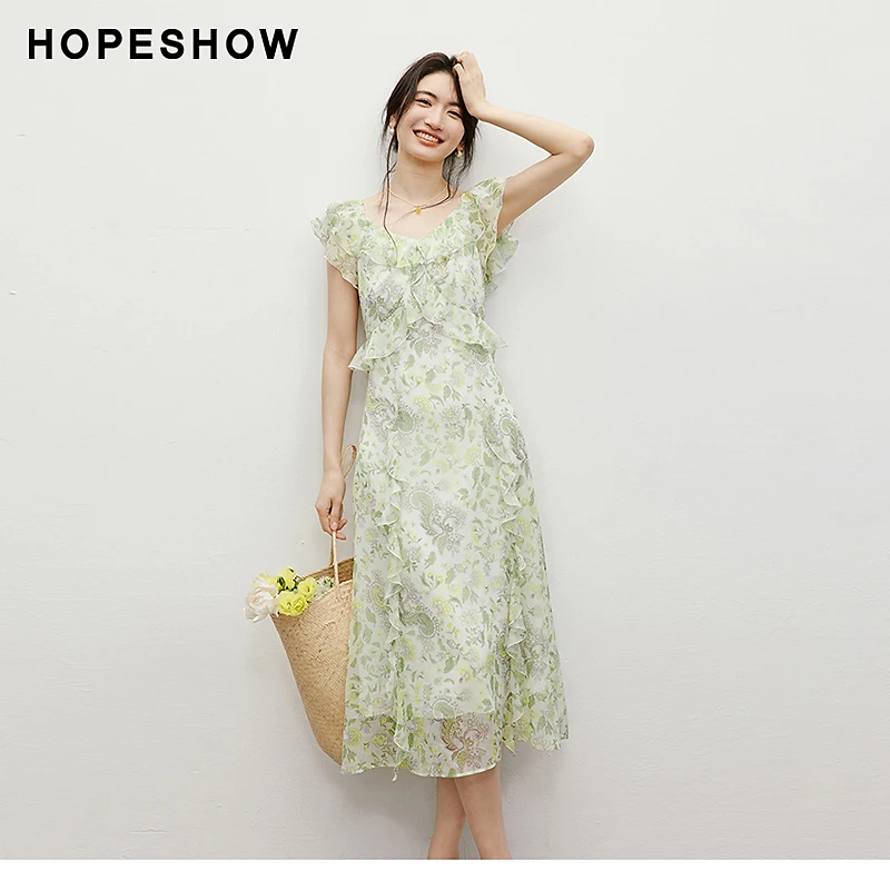 红袖2025夏女装【花间捕梦】收腰荷叶边钻石领连衣裙90125161603