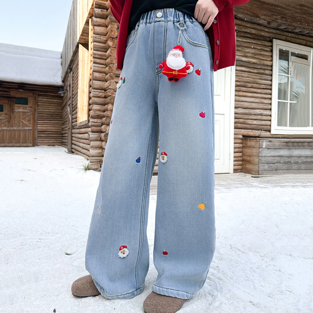 女童加绒牛仔裤秋冬装2025新款中大童韩版加厚阔腿裤儿童冬季裤子