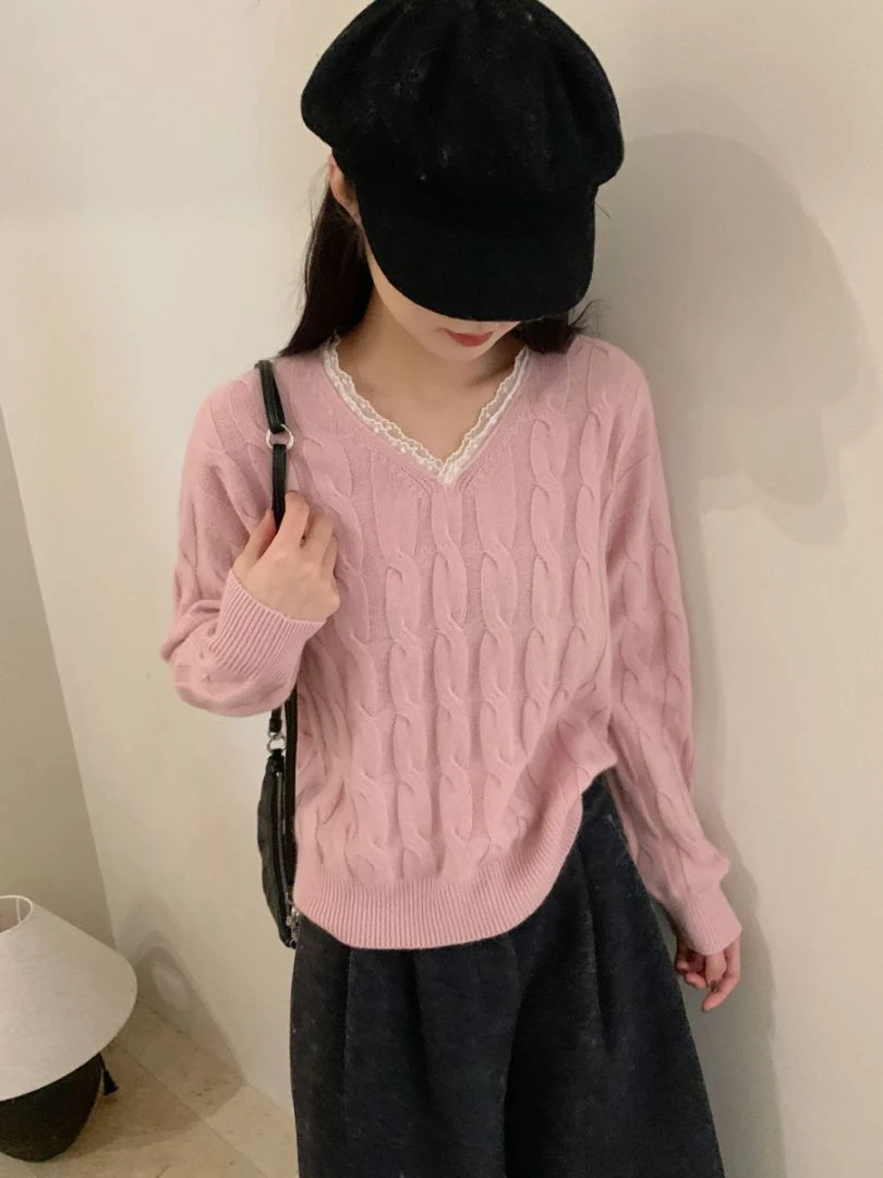 【素简.670127反季特价】秋冬新款V领拼蕾丝花边绵羊毛混纺针织衫