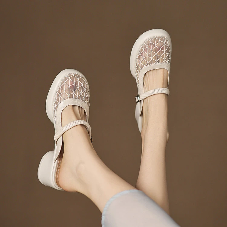 斯慕琳真皮包头半拖鞋女网纱透气玛丽珍鞋粗跟休闲时尚外穿凉拖鞋