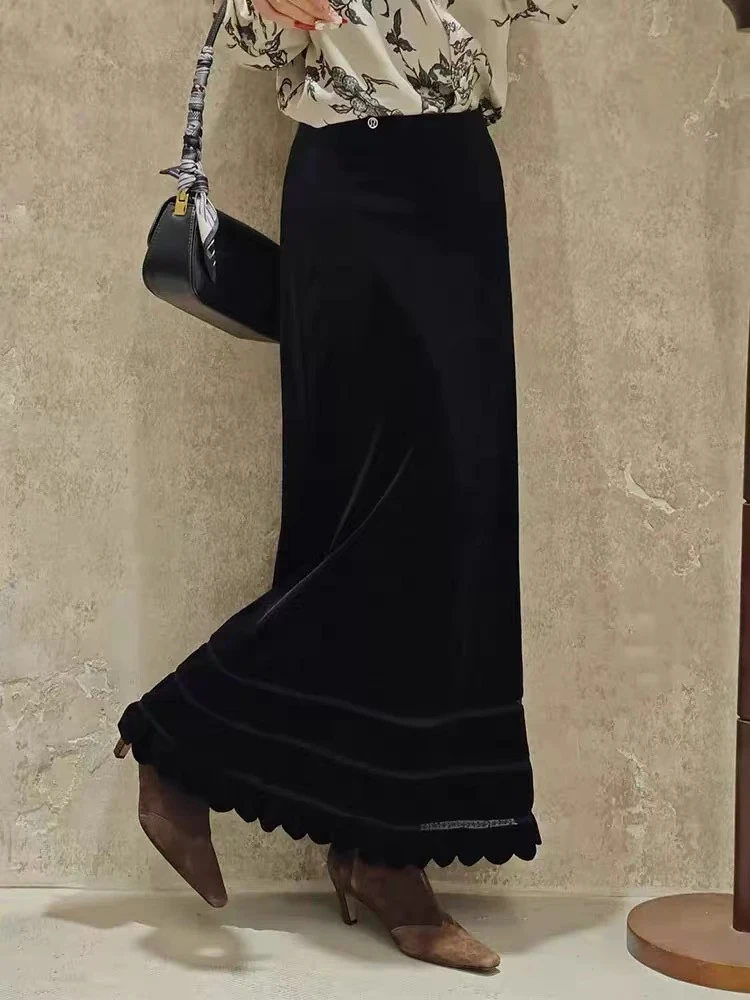 69327新款定制进口绒面料镂空波浪松紧高腰显瘦半身裙