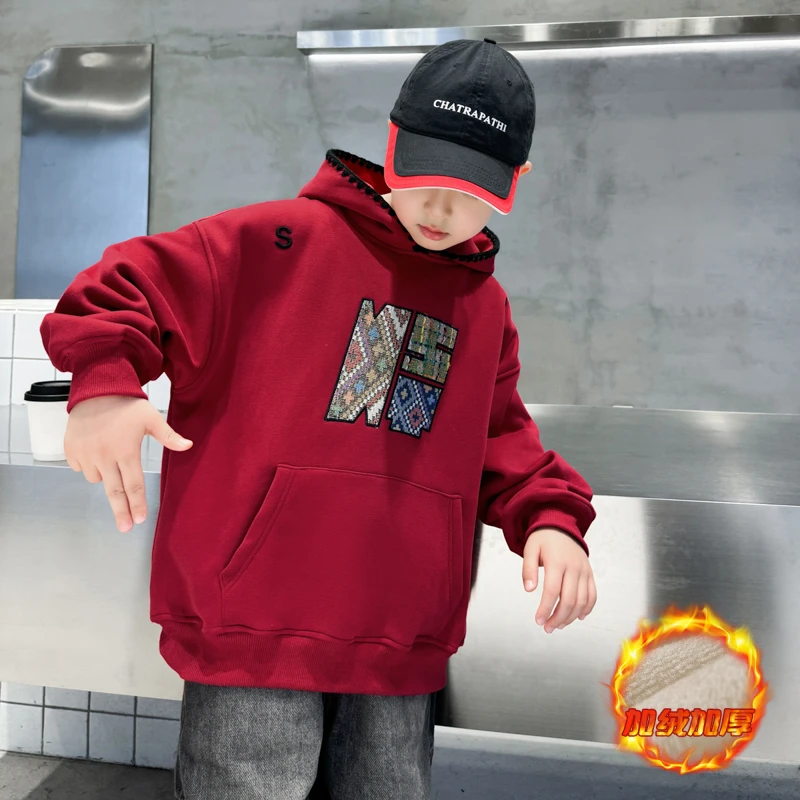 儿童装男童冬季加绒加厚卫衣2025新款蛇年大童红色本命年衣服男孩