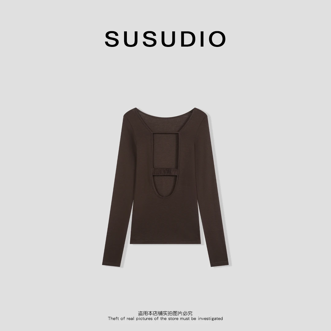 SUSUDIO②   莱赛尔+绵羊毛设计款百搭休闲大露背长袖T恤10024