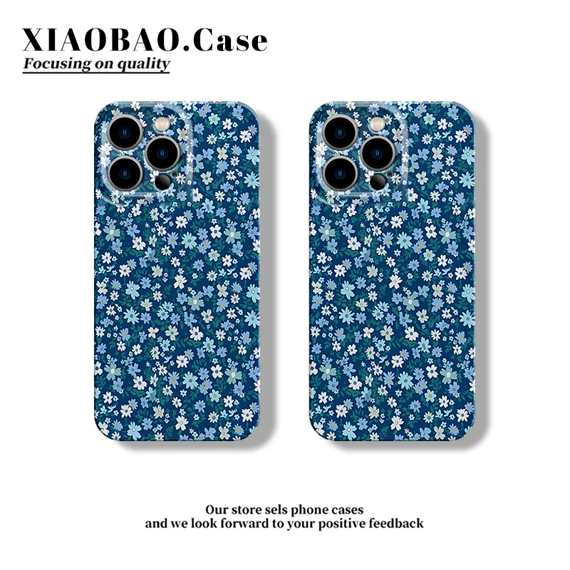 蓝海花朵适用于苹果16pro手机壳简约oppo/vivo唯美华为荣耀硬软壳