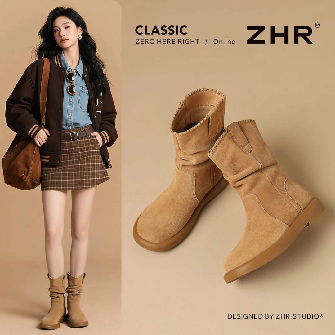 复古黄金V西部靴2025今年流行鞋子堆堆靴短靴明星同款鞋女款靴子