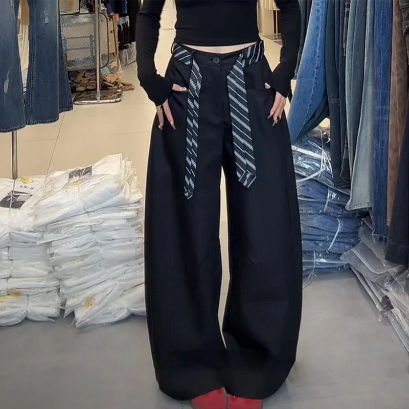 高腰口袋阔腿裤秋季INS风休闲裤设计感百搭加厚女士垂感西装裤子