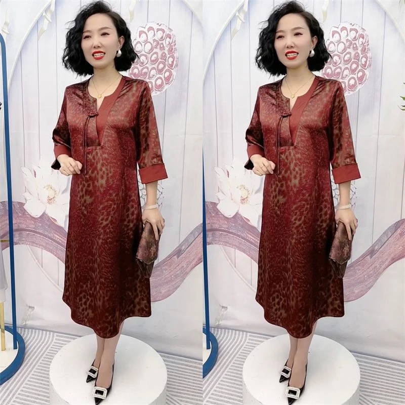 高端夏季提花旗袍连衣裙时尚气质宽松大码遮肚年轻妈妈装长裙