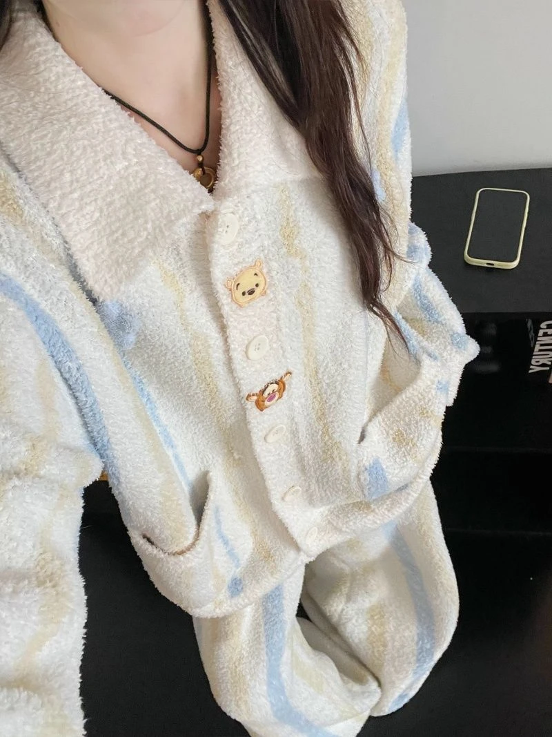 秋冬季新款韩系星星维尼熊翻领开衫宽松舒适半边绒家居服睡衣套装