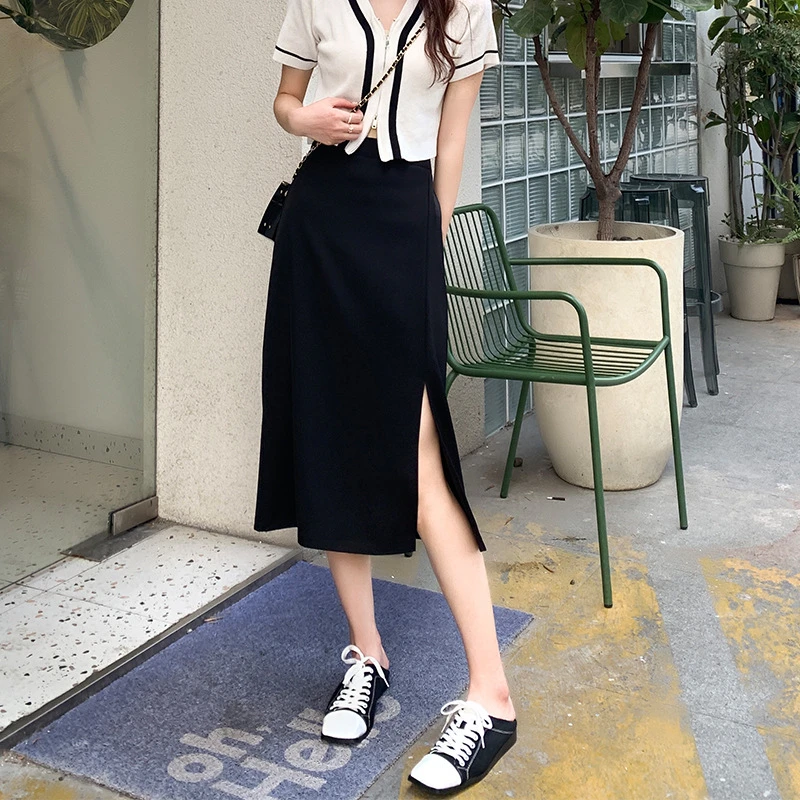 西装半身裙女裙子2025新款高腰黑色小个子休闲前开叉包臀中长款裙