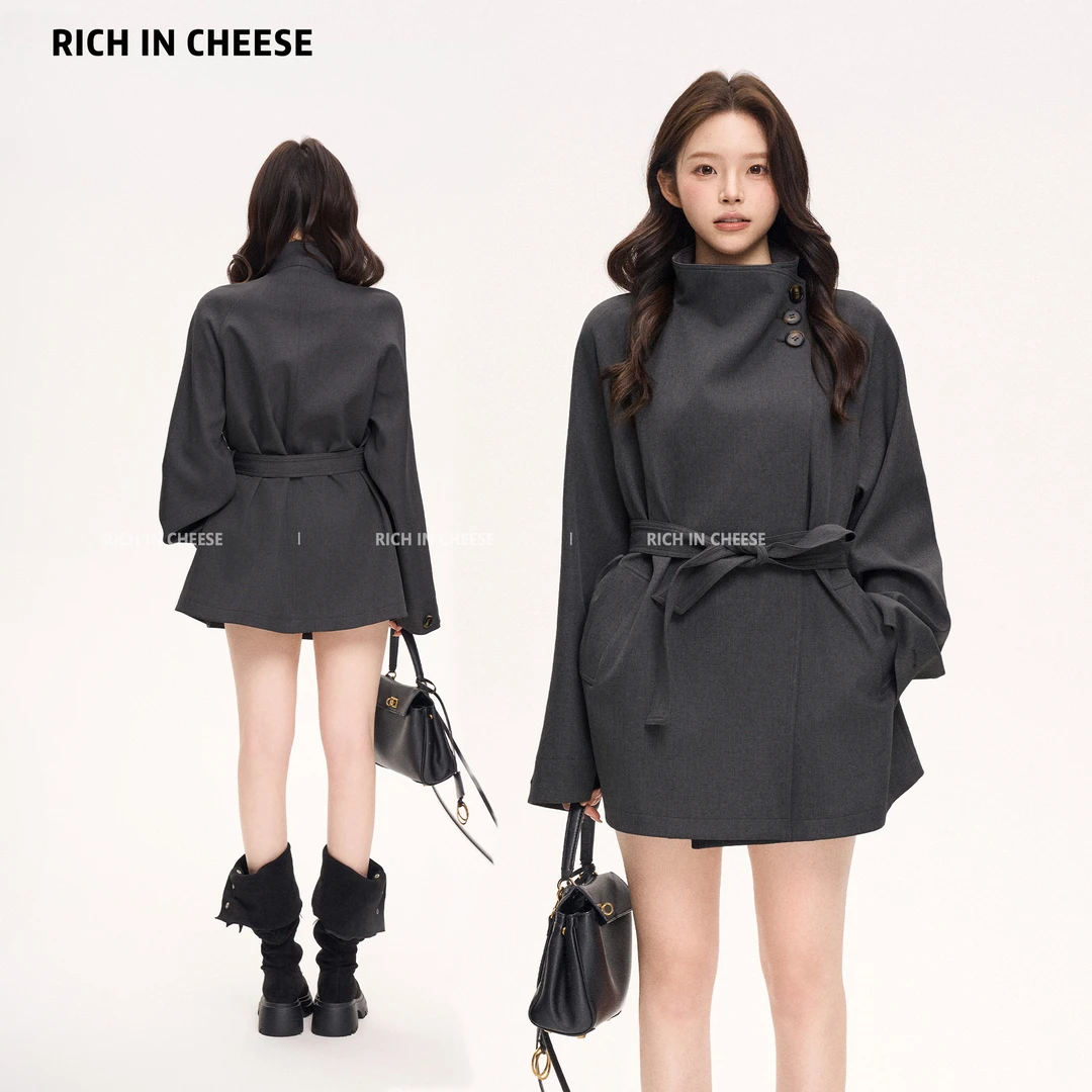 金川川 伯利兹周刊 气质时尚通勤慵懒风设计感收腰短款风衣外套