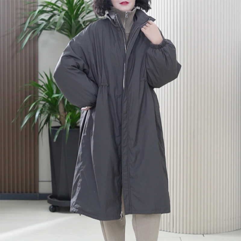 90白鹅绒羽绒服女大码收腰休闲立领气质保暖中长款冬季过膝外套