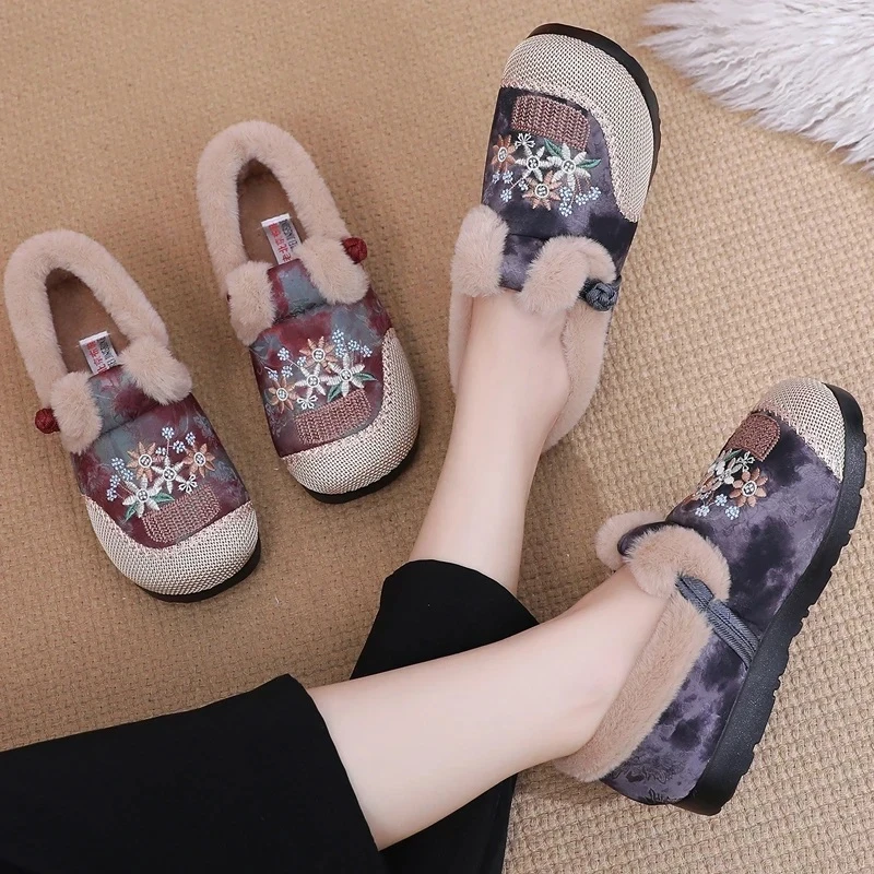 【反季清仓】2025秋冬老北京民族风植物花绒单鞋  加绒保暖棉鞋棉靴