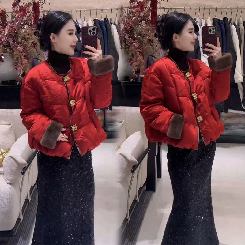 2025新年款冬季唐装中式国潮风棉服外套女圆领红色提花棉衣棉袄潮