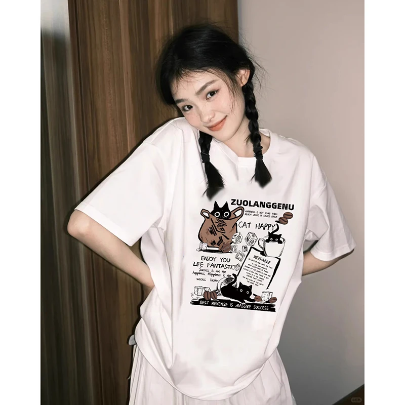 100%纯棉趣味设计感印花半袖上衣韩系休闲风别致短袖t恤男女同款