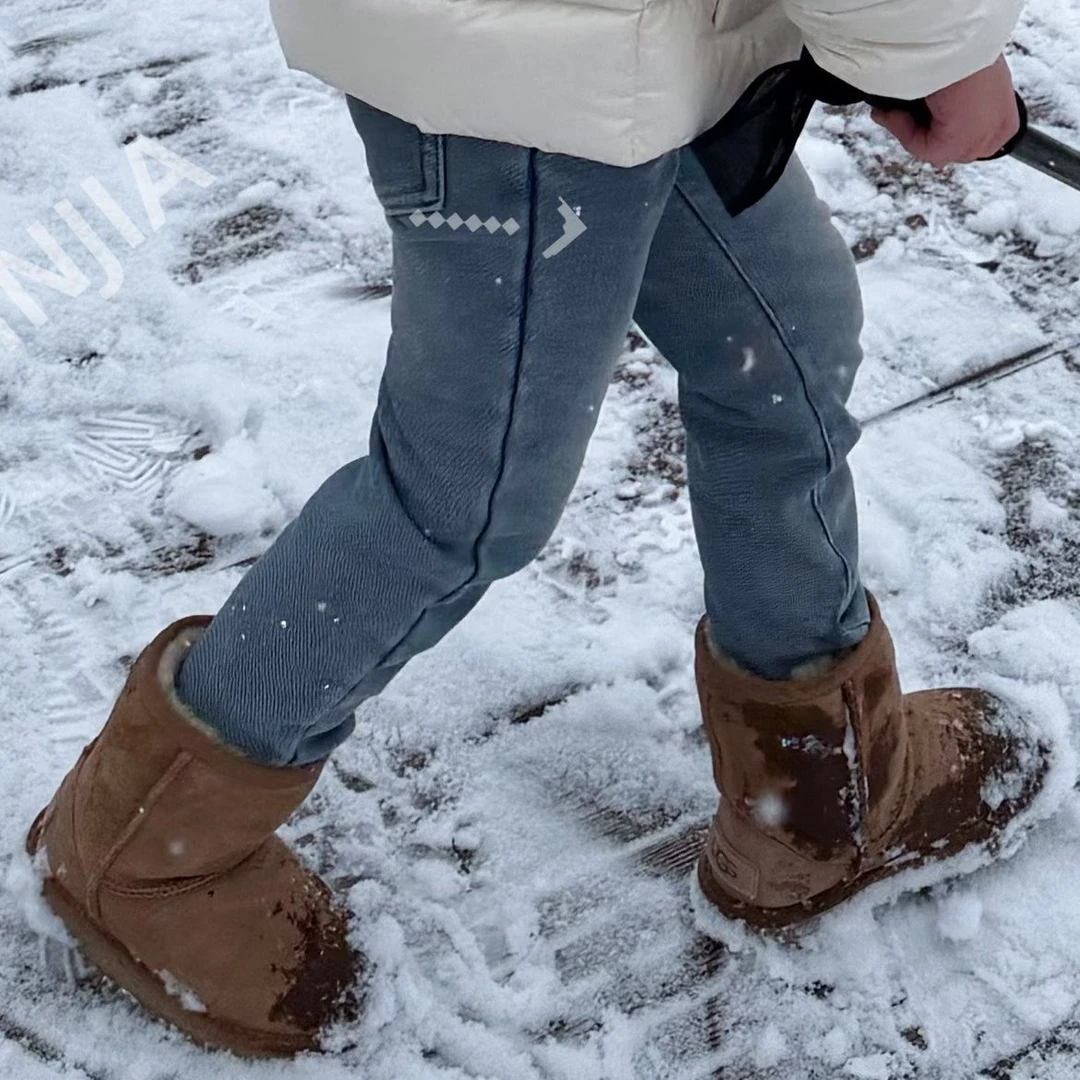 大金定制加绒加厚一体绒水洗浅蓝色保暖男女宝宝牛仔裤