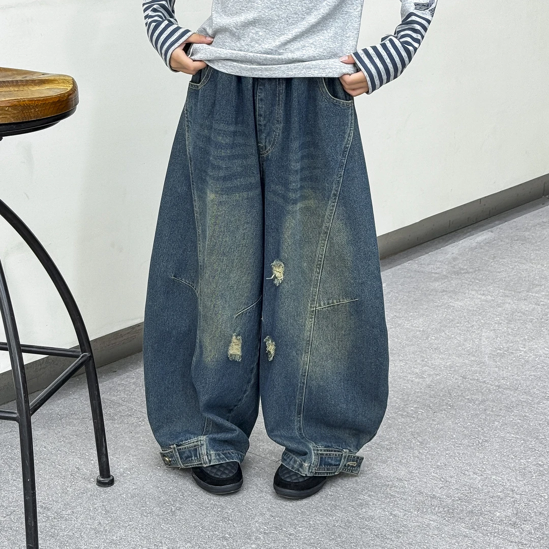 女童秋装破洞牛仔裤2025新款童装中大童春秋时髦休闲百搭长裤潮