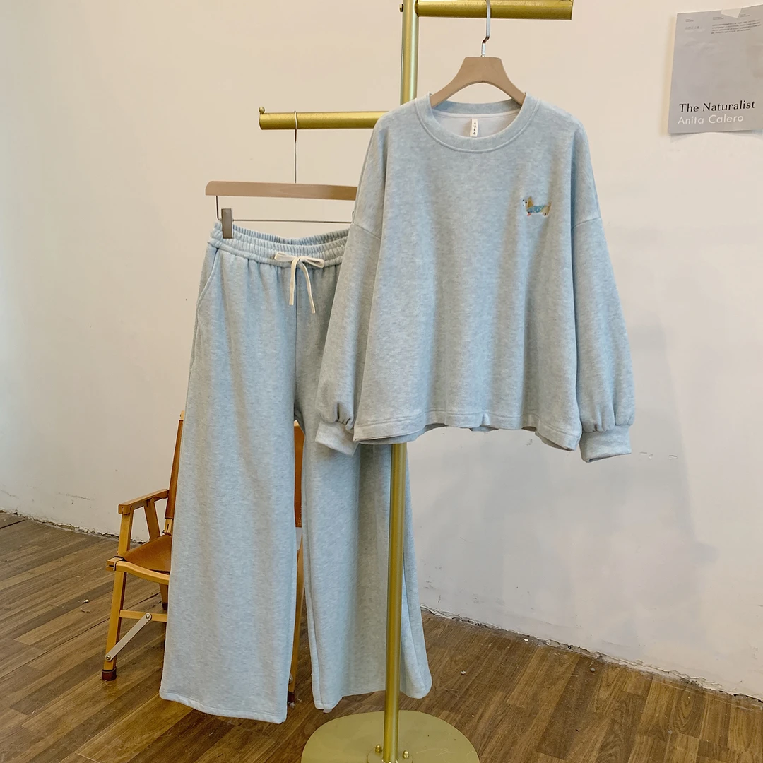 腊肠狗C4920加绒刺绣小狗圆领卫衣松紧腰阔腿裤套装