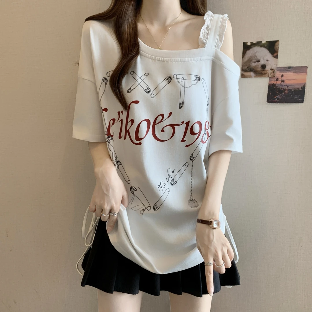 大码设计感斜领露肩短袖T恤女夏季胖MM宽松显瘦百搭洋气抽绳上衣