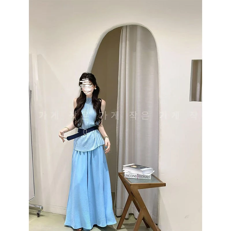 2025秋夏季新款修身显瘦设计感无袖上衣气质时尚高腰休闲裤配腰带