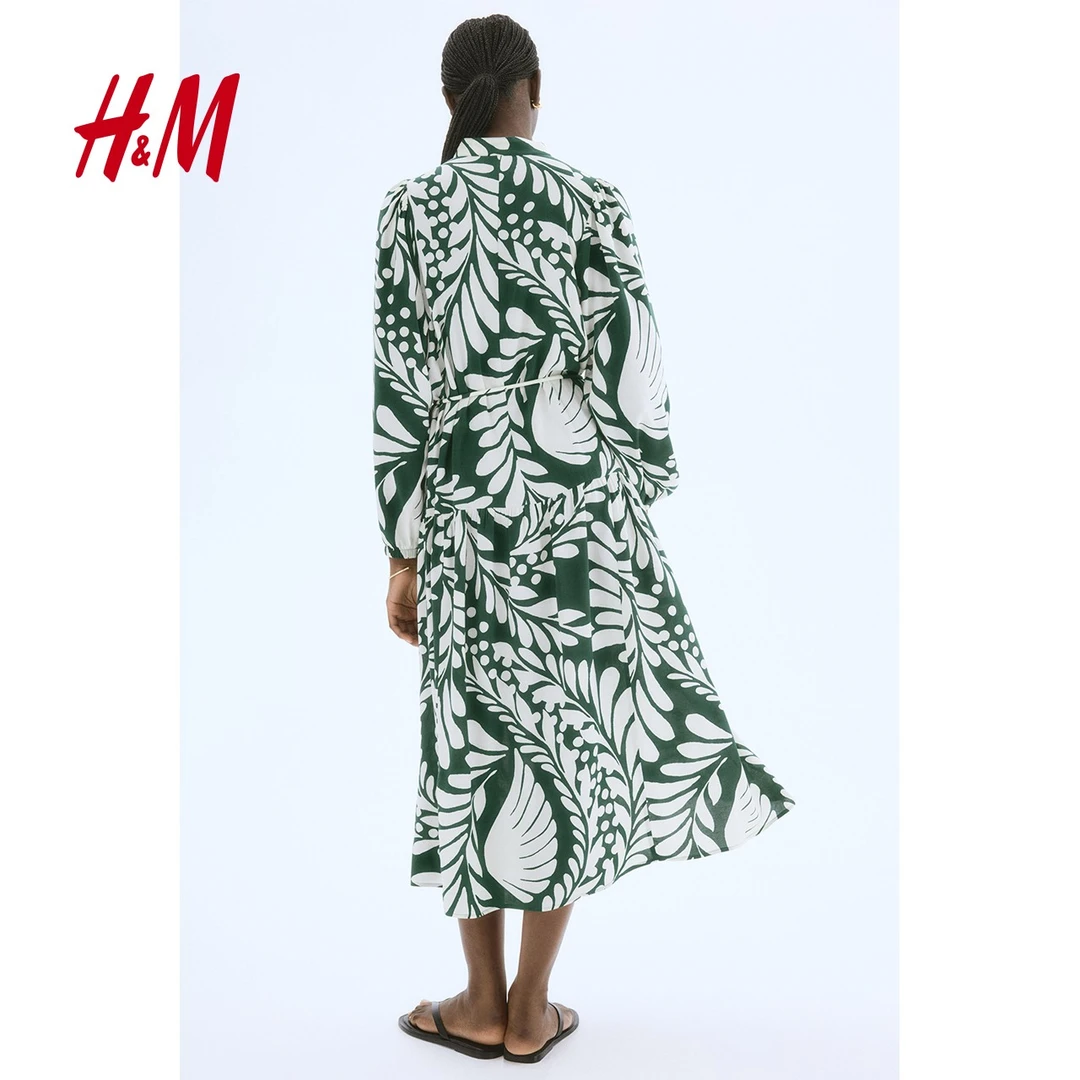 HM女装2025春新款春游出行中式立领腰部系带泡泡袖连衣裙1272213