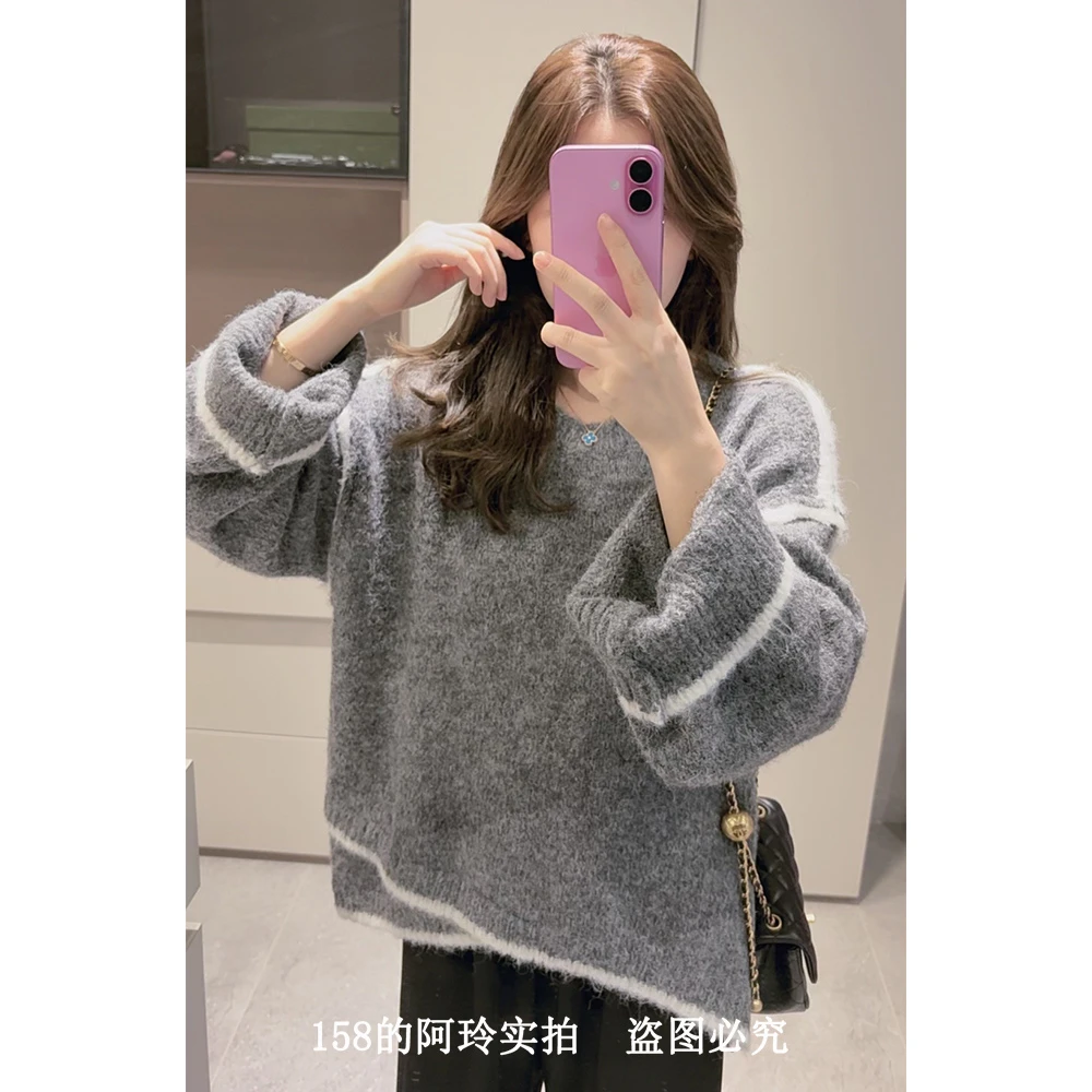 【阿玲实拍】圆领套头毛针织衫女宽松慵懒风2025新款设计感撞色上衣