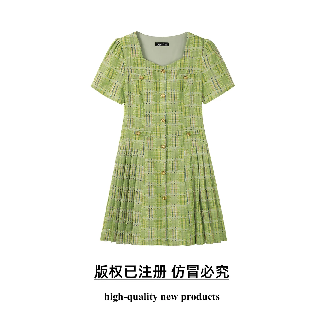 奢姿大码女装2025年夏季新款时尚复古方领格纹短袖百褶连衣裙子
