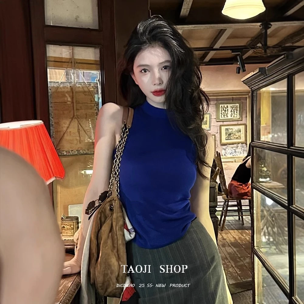蓝色无袖针织背心女夏季新款设计感小众修身纯欲性感辣妹打底上衣