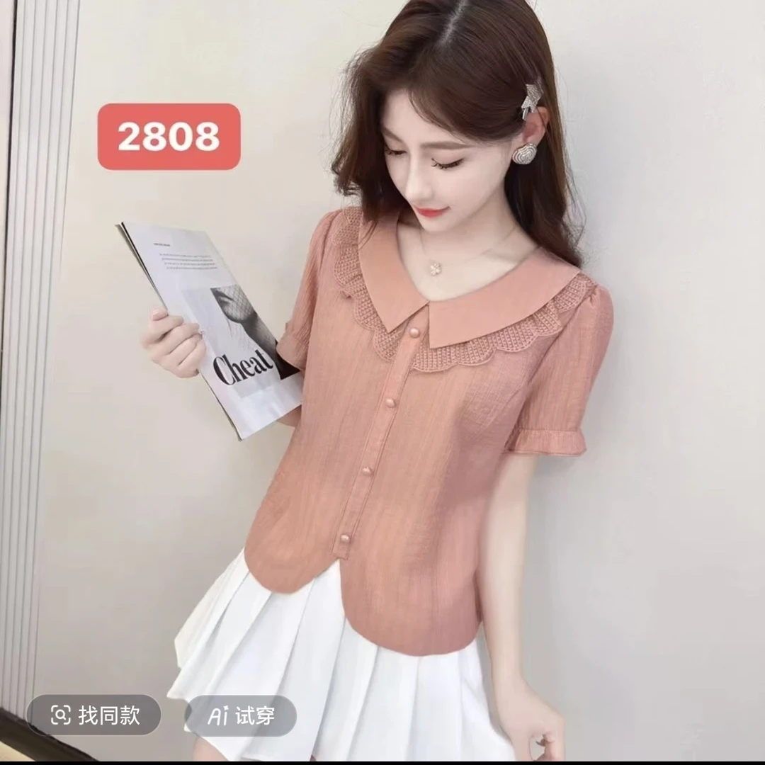 82776夏季新款小香风蕾丝花边衬衣女小衫百搭气质显瘦泡泡袖