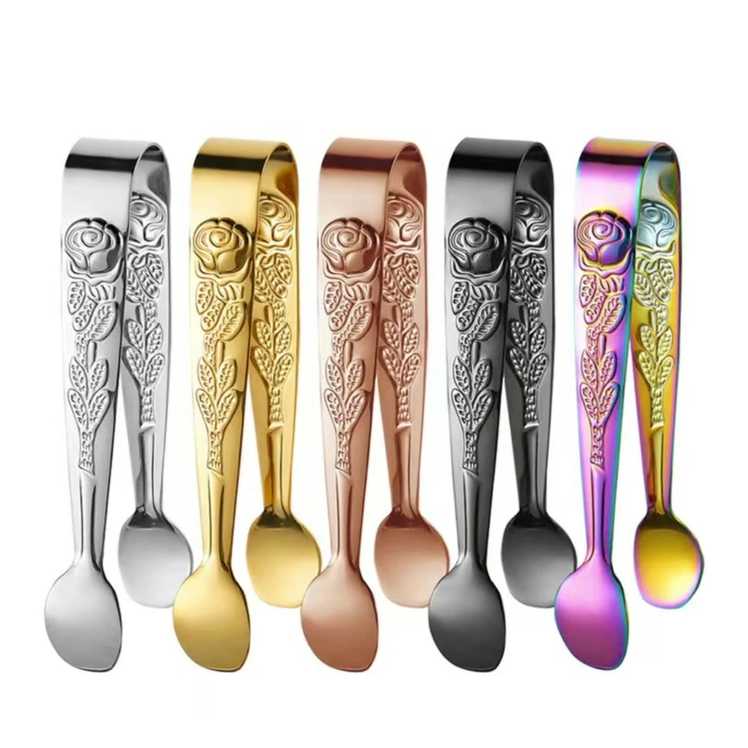 跨境亚马逊加厚不锈钢圆头冰夹锤纹夹方糖夹玫瑰花夹面包夹冰夹