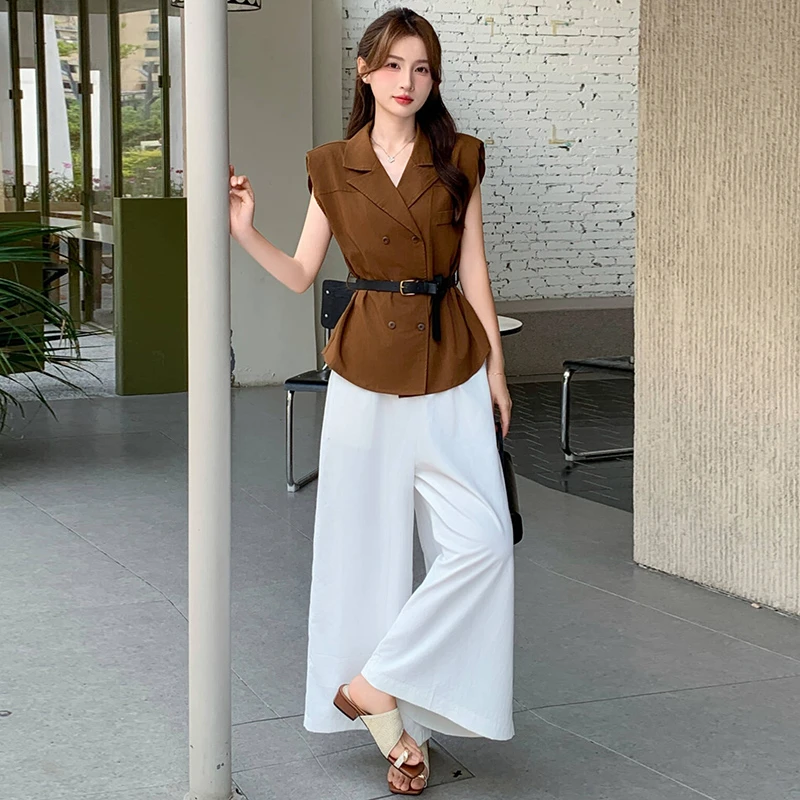 无袖收腰衬衫上衣套装女2025夏季新款高级感时尚气质阔腿裤两件套