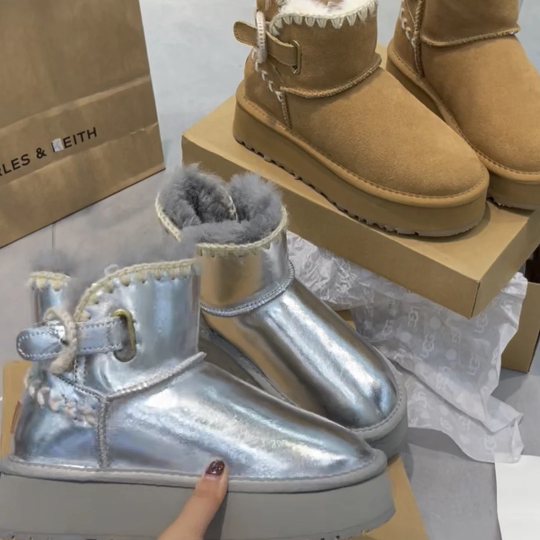 冬季保暖休闲短筒套筒时尚雪地靴中跟防水台皮带扣