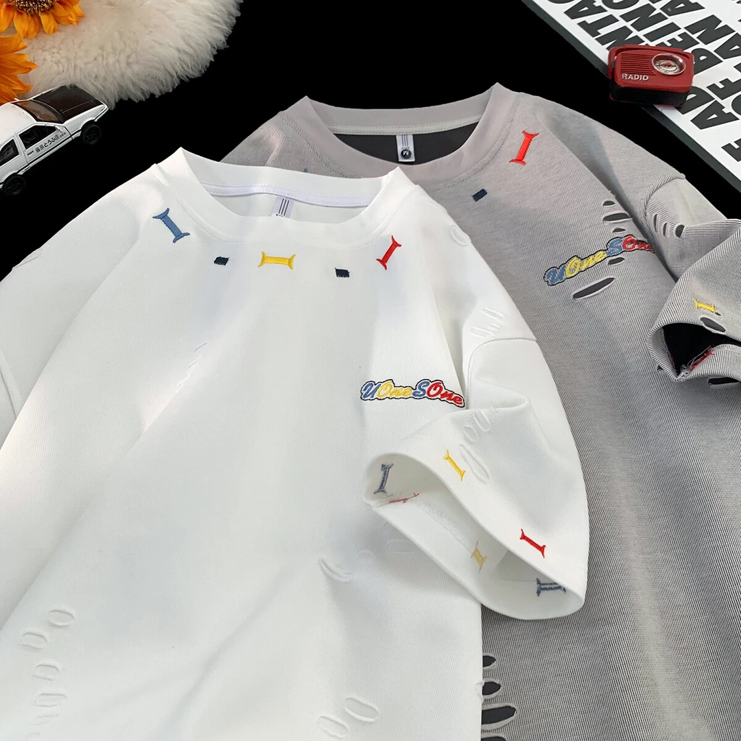 引创美式高街T恤男2025夏季新款开口笑破洞潮流刺绣圆领冰丝短袖