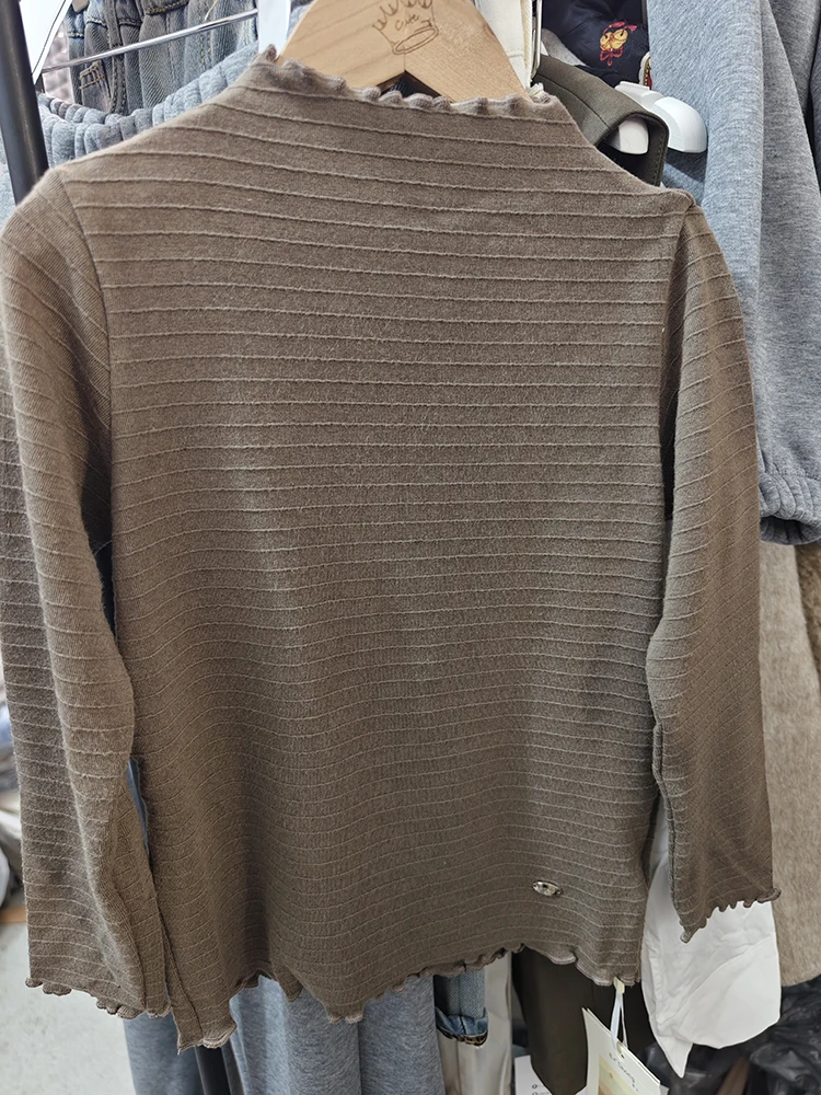 女童春秋季咖色木耳边打底衫