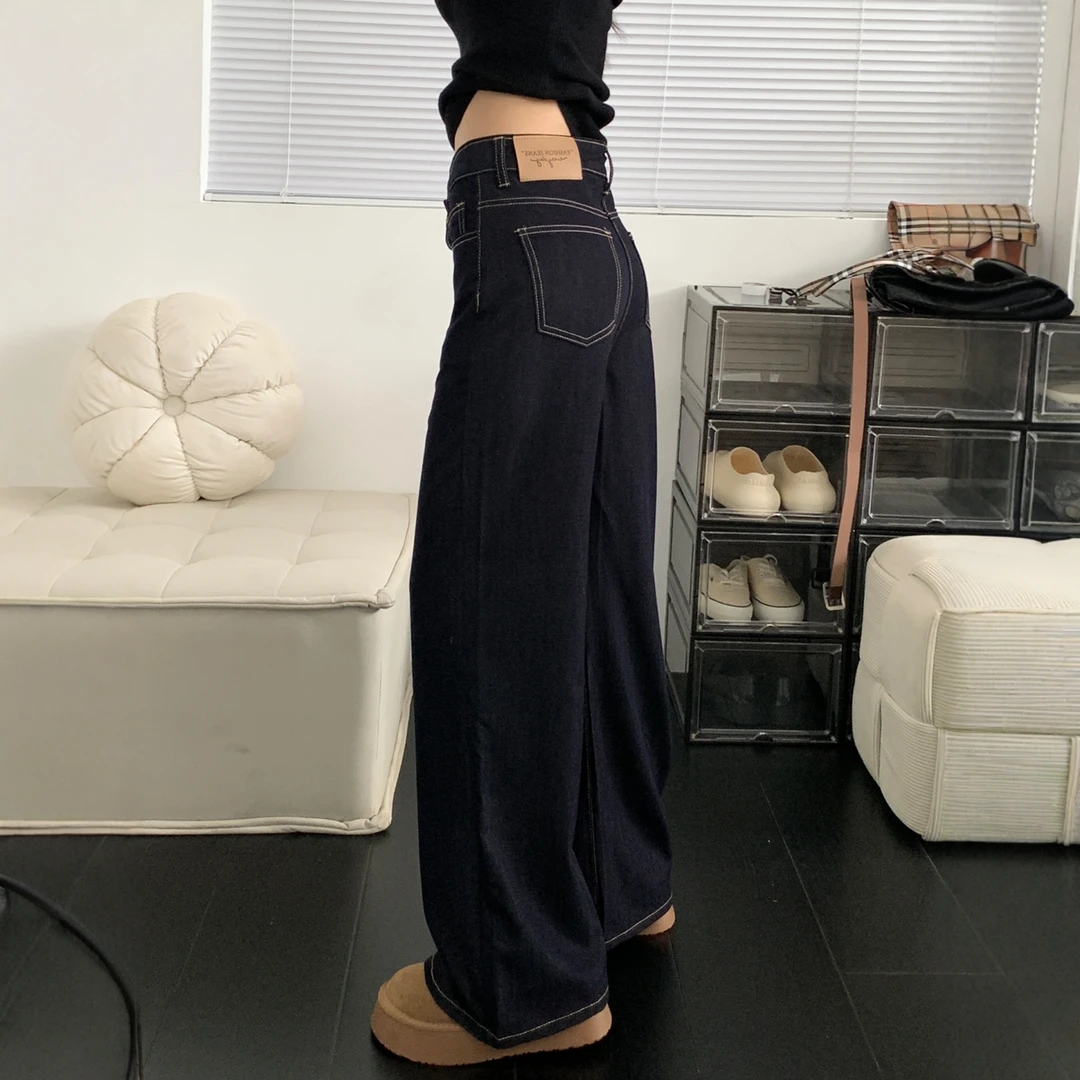 雪千羽深蓝色直筒牛仔裤女春秋夏新款梨形身材高腰显瘦宽松阔腿裤