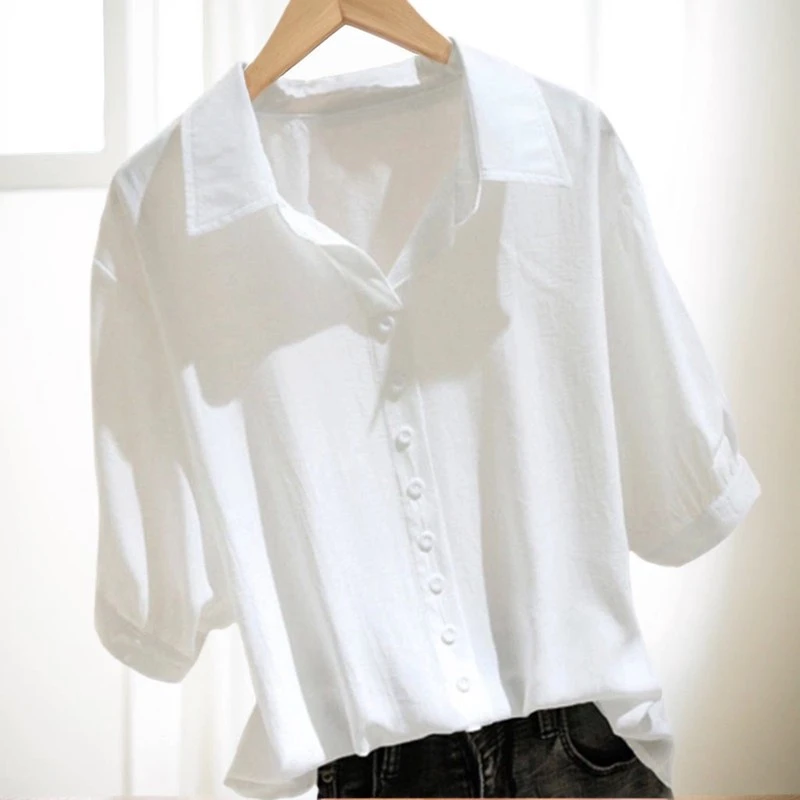纯女领短袖衬衫女夏季薄款2025年新款韩版宽松大码显瘦上衣女潮