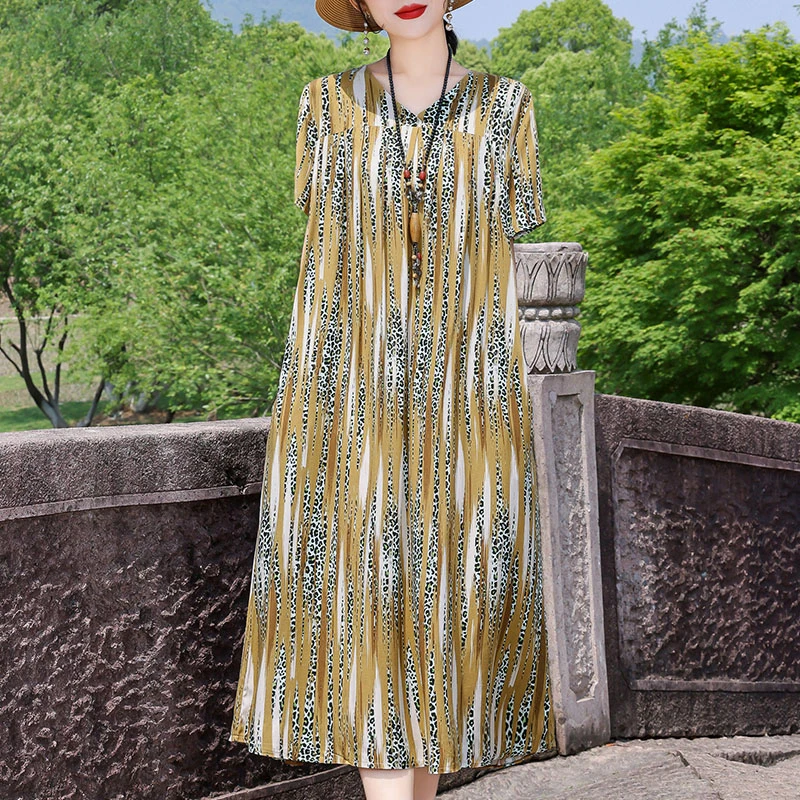 妈妈棉绸连衣裙夏季新款宽松显瘦沙滩长裙飘逸大摆裙三亚中年裙子