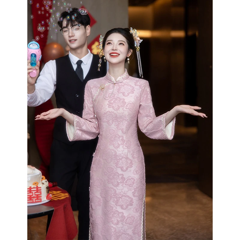 粉色旗袍敬酒服新娘新中式订婚礼服裙结婚回门便装秋冬季日常可穿