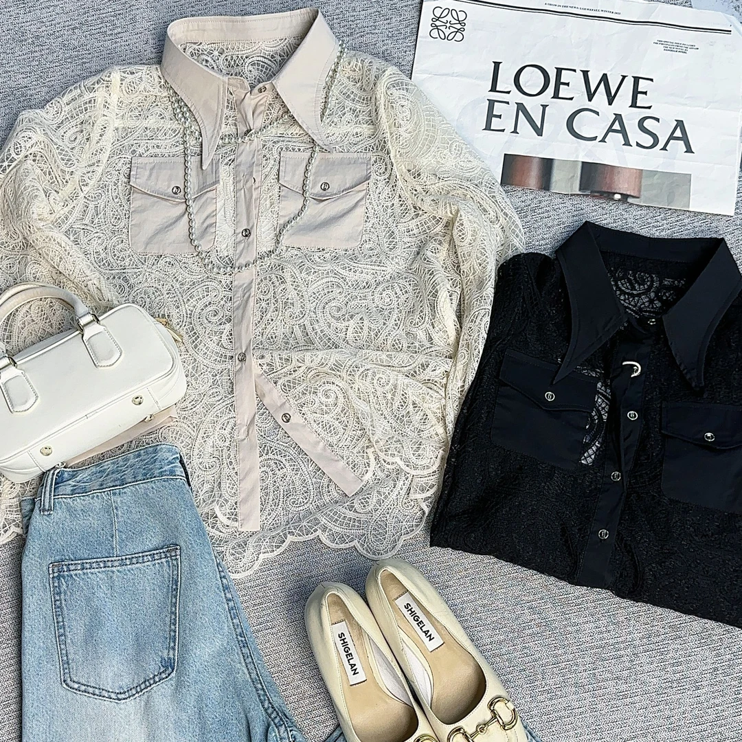 807衬衫#新款欧货时尚洋气缕空蕾丝上衣女设计感小众