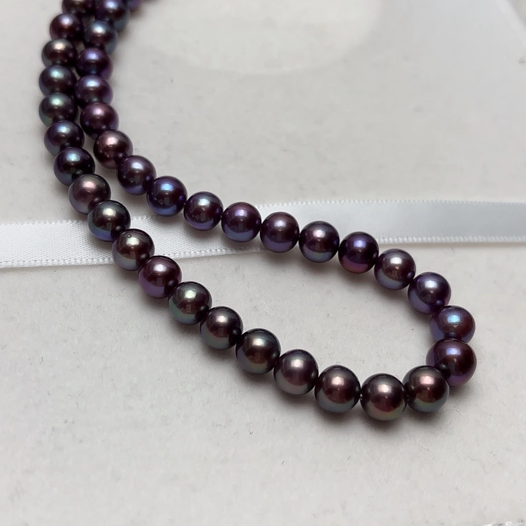银S925镶嵌颈饰淡水珍珠6-8正圆炫彩紫绿