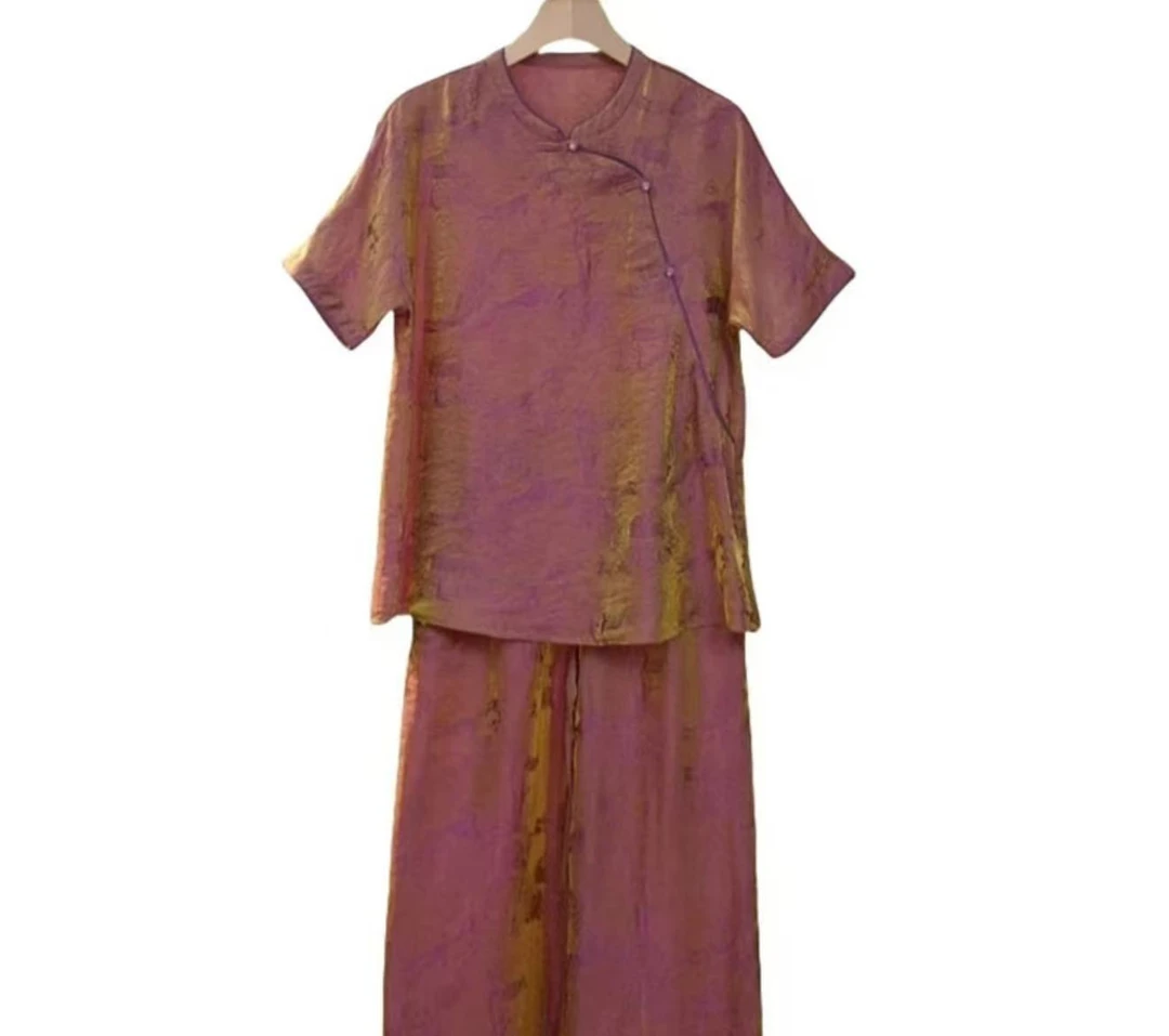 292气质时尚休闲夏季新中式佛光锦缎套装