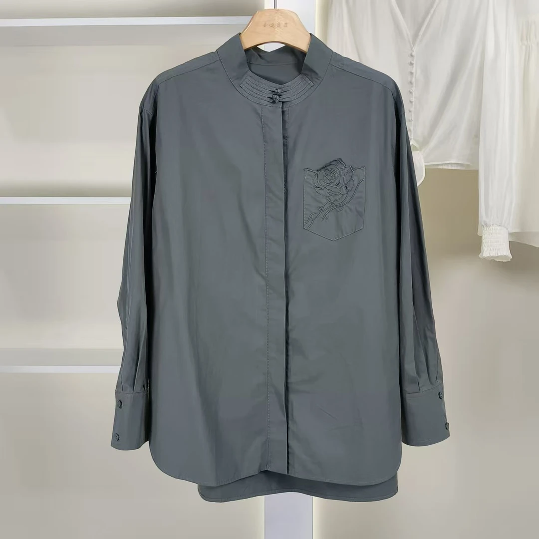 麦迪尚品【夕Y】50909281 春季简约纯色玫瑰刺绣衬衫品牌女装