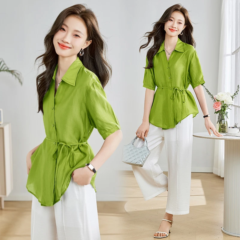 休闲时尚系带衬衫套装女2025夏季新款高级感气质减龄阔腿裤两件套