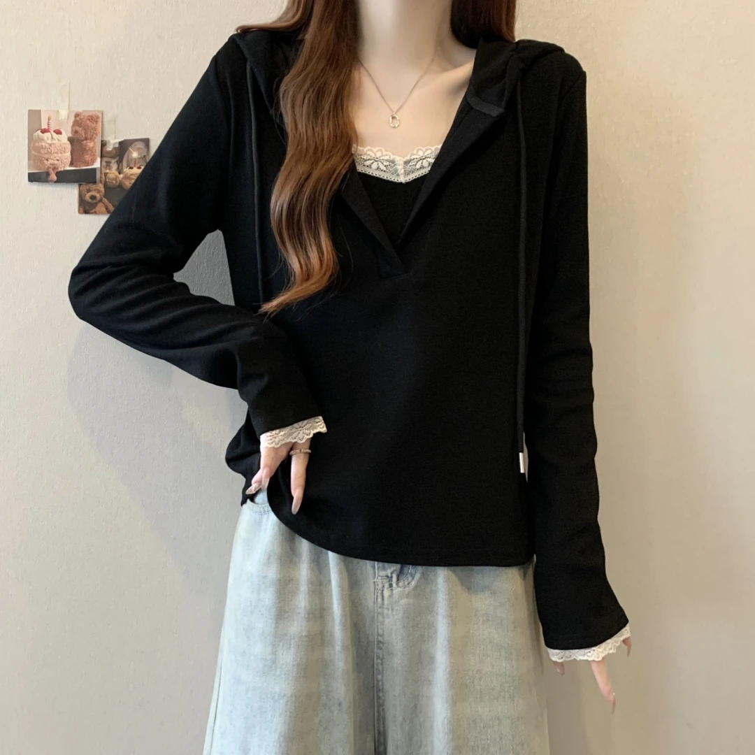 大码蕾丝拼接连帽卫衣女春秋薄款胖M宽松显瘦百搭洋气长袖T恤上衣
