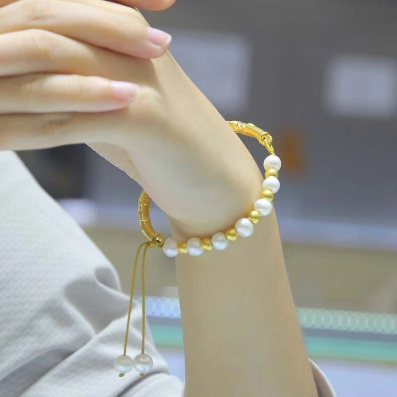 微奢金足金999珍珠福字半镯黄金手镯礼物送女友生日礼物镯子