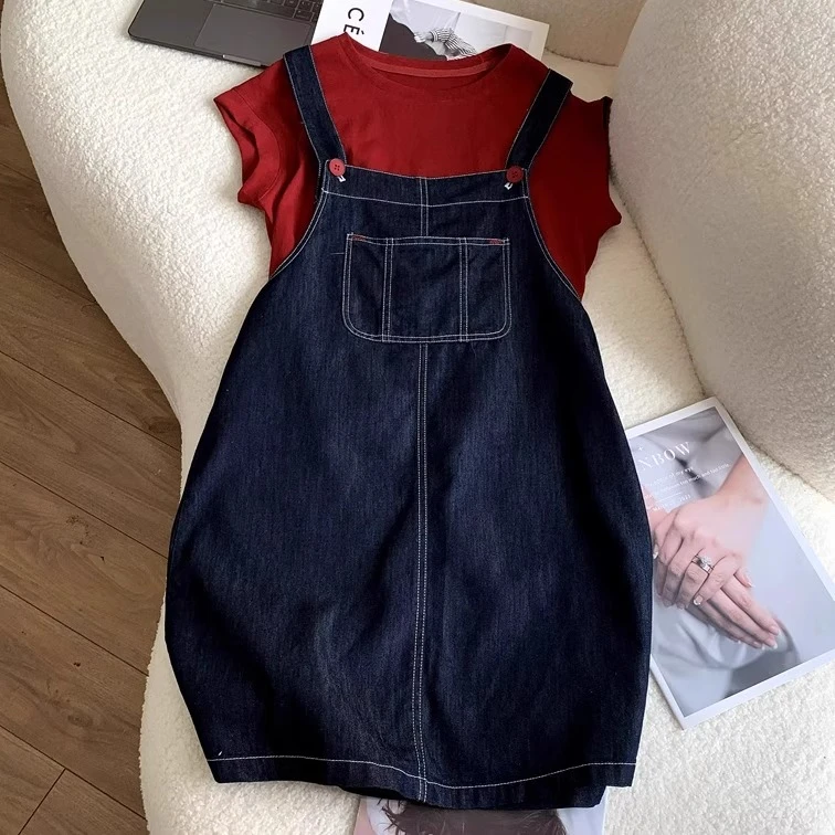 红色牛仔薄款背带裙夏季女短袖休闲减龄两件套装吊带连衣裙2025年