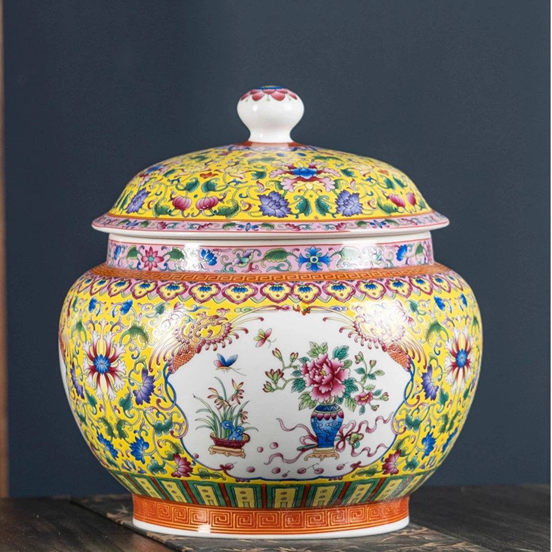 景德镇陶瓷茶罐珐琅彩将军罐摆件客厅茶叶罐带盖储物罐家用装饰品